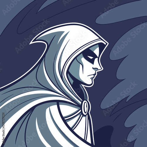 Mysterious hooded figure with mask in comic book style illustration