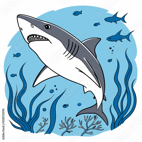 Cartoon Great White Shark Swimming Underwater with Fish and Seaweed
