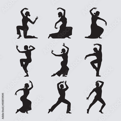 Elegant silhouette collection of spanish flamenco dancers expressing grace and passion in dynamic poses against a neutral background