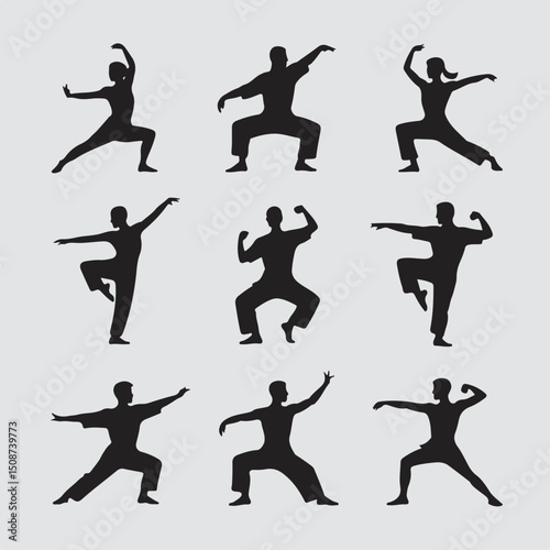 Vector illustration of silhouetted figures performing tai chi movements in various dynamic poses with calm and balanced energy