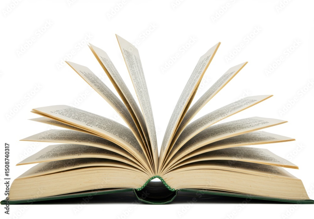 Fototapeta premium Open book with turning pages on a white background showing text and green cover