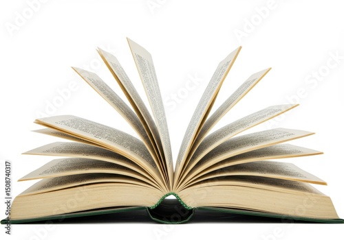 Open book with turning pages on a white background showing text and green cover