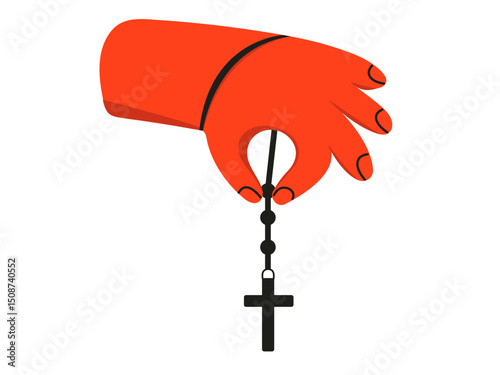 Rosary in hand. Christian religious cross in one hand. Vector illustration on isolated white background