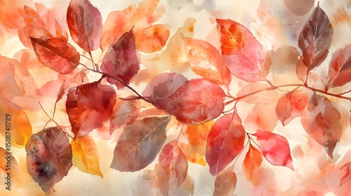 Watercolor autumn leaves painting in orange and red tones artistic fall foliage illustration art print design