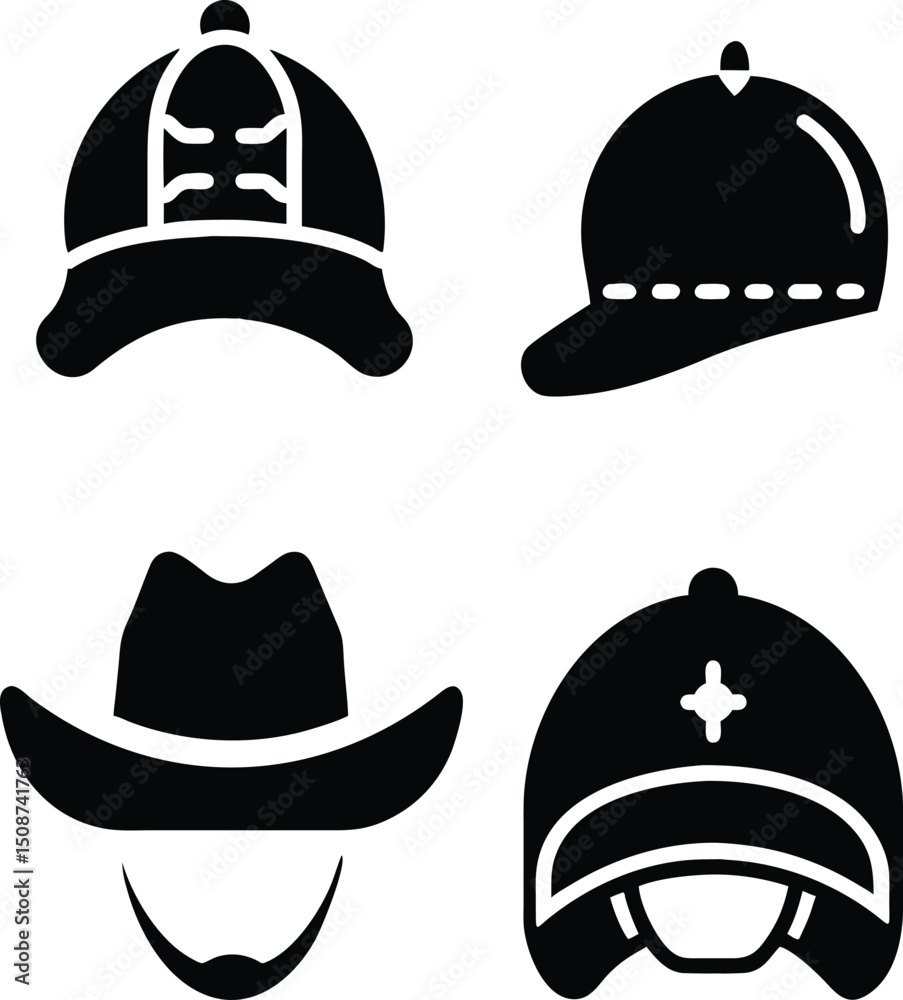Naklejka premium set of 4 baseball caps vectors icons black and white , cloths, print on demand, hats, apparel