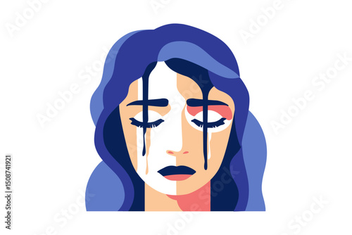 Abstract portrait of a crying woman with colorful dripping elements. Woman in tears, woman in depression. Concept of mental disorder, affliction, sorrow and anxiety.