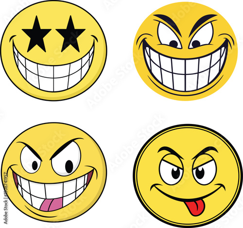 Funny Cartoon Emoji Faces with Crazy Expressions  vector Icons set – Grinning, Star Eyes, Mischievous Smiles, and Tongue Out Emoticons