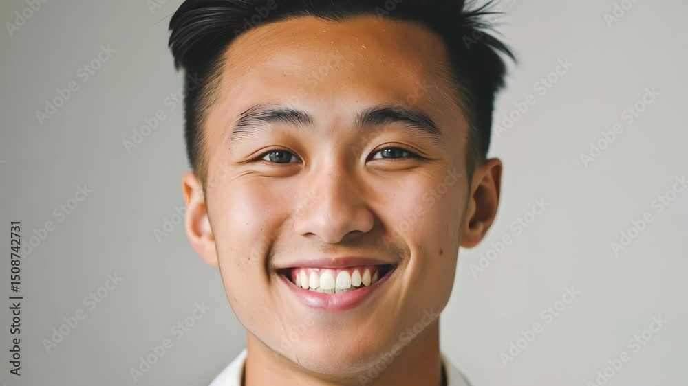 A portrait of a young man smiling brightly, radiating joy and confidence. His casual attire and short hair enhance the inviting and friendly atmosphere, ideal for lifestyle themes. A portrait of a young man smiling brightly, radiating joy and confidence. His casual attire and short hair enhance the inviting and friendly atmosphere, ideal for lifestyle themes.