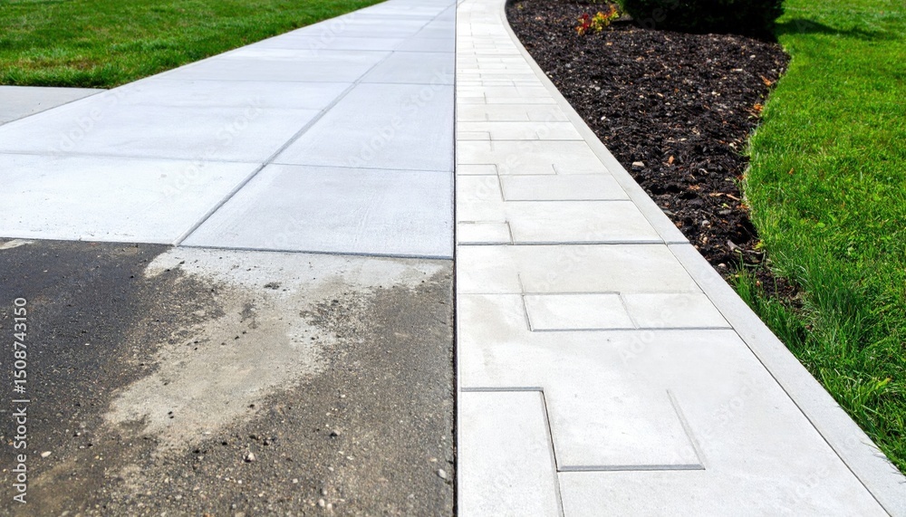 Obraz premium Cleaned And Uncleaned Sidewalk Stone Path Comparison