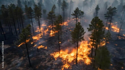 Low ground wildfire spreading between tall pine trees