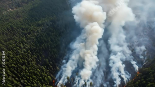 Thick white smoke rises from pine forest wildfire