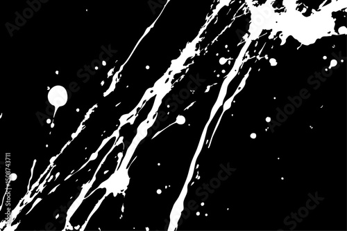 Dynamic white paint splatters and ink splashes erupt across a stark black background. High-contrast abstract texture, perfect for grunge effects, edgy designs, or artistic overlays.