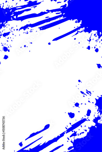 Intense royal blue paint splatters and dynamic brush strokes form a striking grunge border on a white background. Abstract vector frame with copy space for bold, energetic designs.