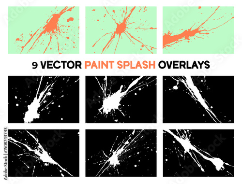 Set of 9 vector paint splash overlays. Orange on green and white on black designs. Abstract grunge splatter elements for artistic effects.