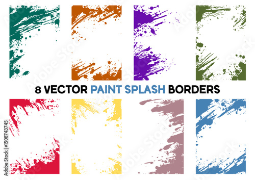 Set of 8 colorful vector paint splash borders. Abstract grunge ink stroke elements. Isolated splatter frames for vibrant and creative designs.