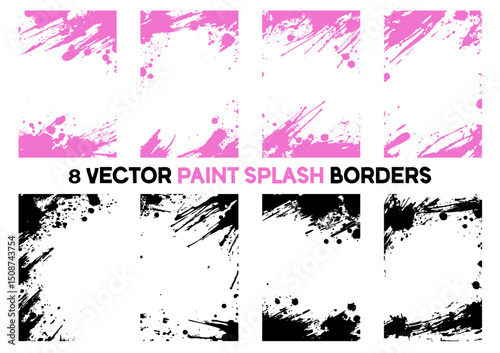 Set of 8 vector paint splash borders in pink and black. Abstract grunge ink stroke elements. Isolated splatter frames for modern edgy designs.