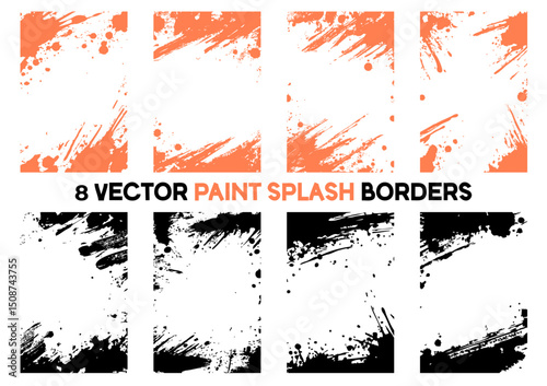 Set of 8 vector paint splash borders in orange and black. Abstract grunge ink stroke elements for design. Isolated splatter frames for edgy projects.
