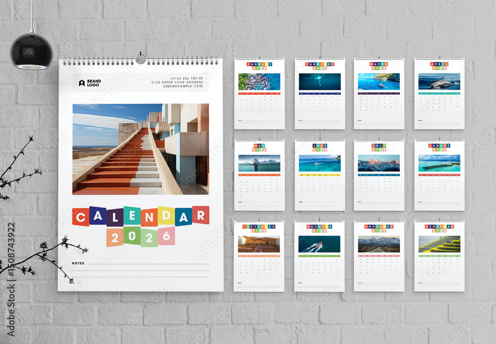 Colorful 2026 Wall Calendar Template with Photo Layouts Stock Template ...
