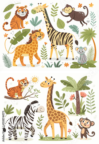 Collection of cute zoo animals - lion, elephant, giraffe and monkey - created in modern flat design with