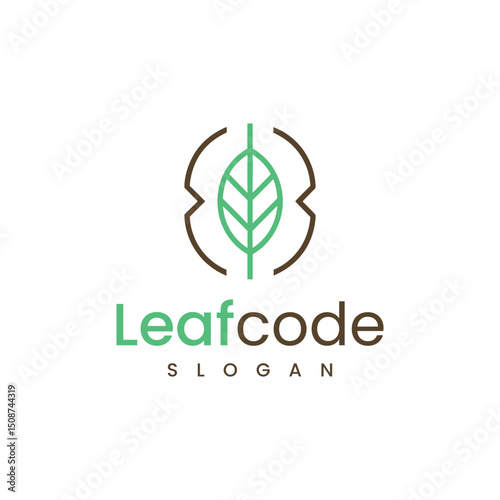 Eco-Friendly Coding Symbol logo with Leaf and Braces for Green Tech, Nature Programming, or Sustainable Development Brand