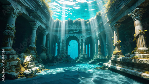 Sunlit underwater ruins showcase ancient columns and majestic architecture in the ocean.
