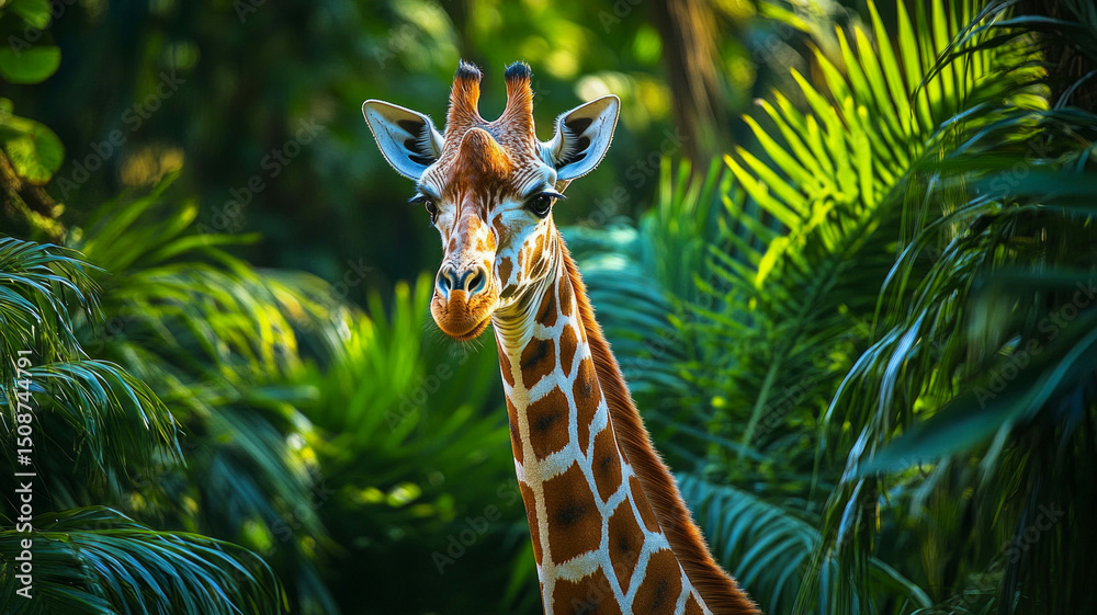 Obraz premium Portrait of a giraffe against a background of green foliage. In wildlife articles, educational materials, travel blogs.