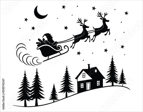 Christmas Silhouette – Flying Reindeer and Sleigh over Houses