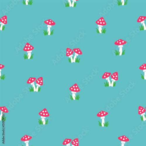 Vector seamless pattern Amanita mushrooms on a light blue background