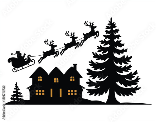 Christmas Silhouette – Santa and Reindeer Crossing Full Moon