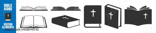 Bible Icon Set. Christian Holy Book Symbols, Black and Line Style Vector Illustrations on Transparent Background