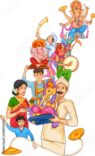 People playing dhol tasha in Lord Ganpati background for Ganesh Chaturthi festival of India