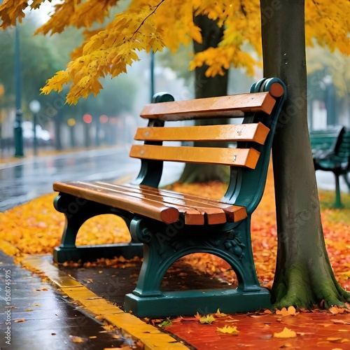 yellow wooden bench in autumn park among golden fallen leaves under tree