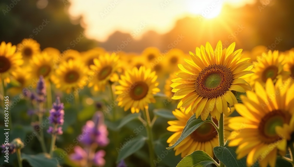 Fototapeta premium Golden hour light bathes a field of sunflowers, daisies, and lavender Soft focus, textured beauty , rural, yellow, field