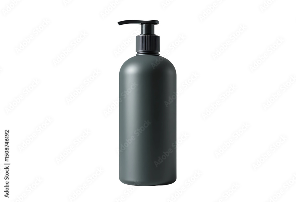 Minimalist shampoo bottle with pump cap, matte finish and editable branding area, floating PNG. Minimalist shampoo bottle with pump cap, matte finish and editable branding area, floating PNG.