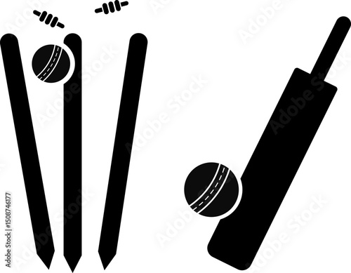 Cricket bat ball stump bails icon set. Sports concept. equipment for playing cricket. agricultural field.  Cricket Wickets element
