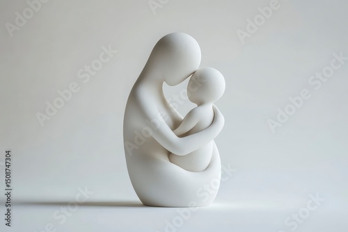 3D art object resembling a mother embracing a child, made of soft matte ceramic, placed on white background, minimalist lighting