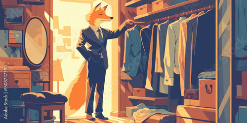 Mr. Fox picks clothes in front of the wardrobe in the cloakroom