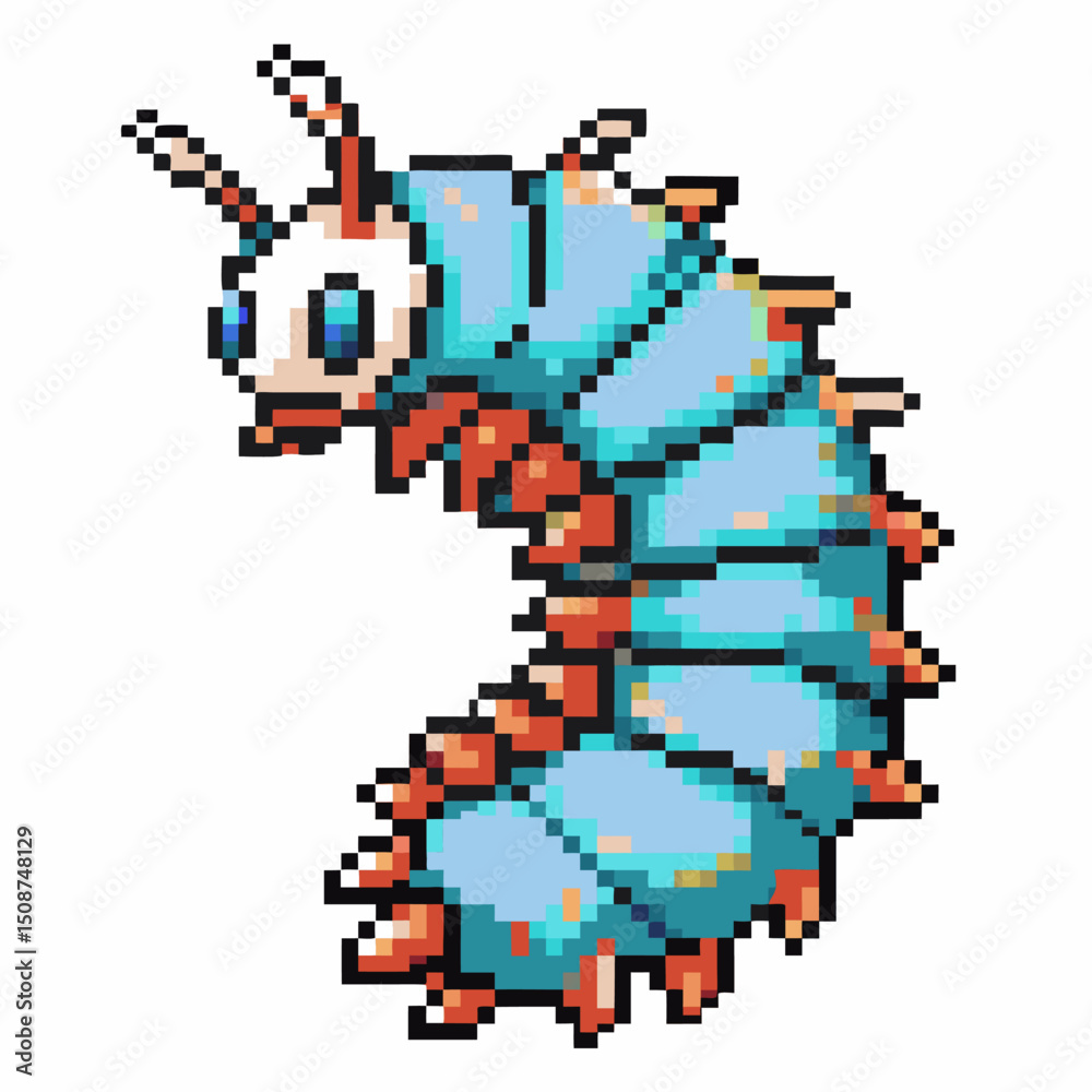 Obraz premium colorful pixel art caterpillar character with expressive eyes and segmented body retro video game with blue and red details