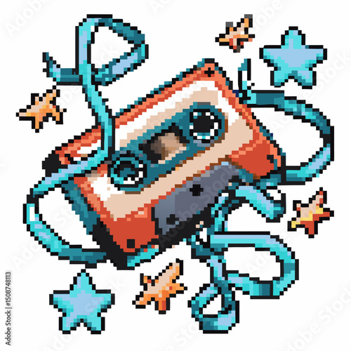 Retro cassette with tangled tape and pixel art stars for nostalgic 80s music design