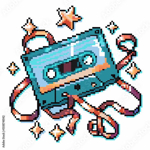 Retro pixel cassette tape with stars and unspooled tape design