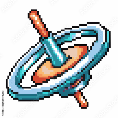 Retro pixel art gyroscope vintage spinning science toy, colorful digital