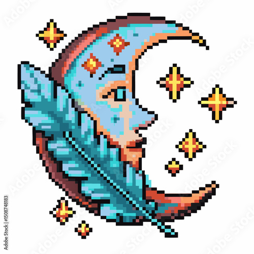 Pixel art crescent moon with feather and stars retro celestial design, night sky inspiration