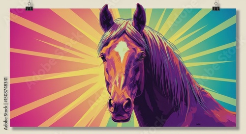Colorful horse portrait with vibrant rays in modern pop art style  