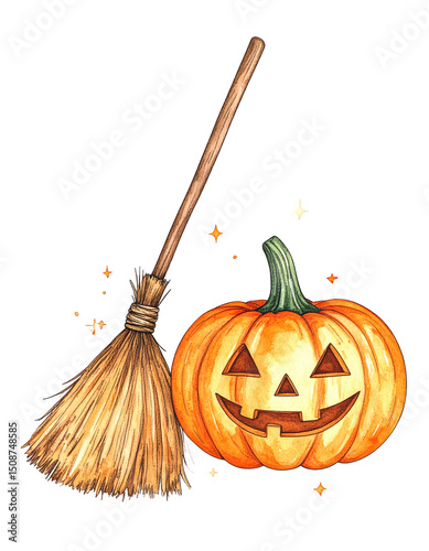 Watercolor illustration of a carved pumpkin with a smiling face and a broom against a transparent background.