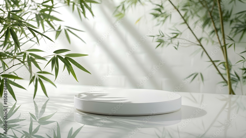 White round display platform with bamboo leaves White round display platform with bamboo leaves