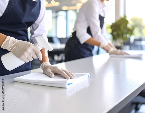 Two uniformed cleaners disinfect a table in an office