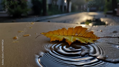 Golden Leaf with Water Droplets After Rain Close Up