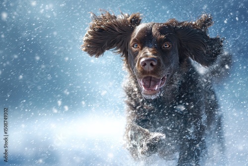 Boykin Spaniel Playing in Snow Photorealistic Winter Wonderland Joyful