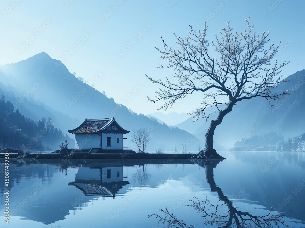 Fototapeta premium Serene Mountain Lake with Traditional House and Blossoming Tree