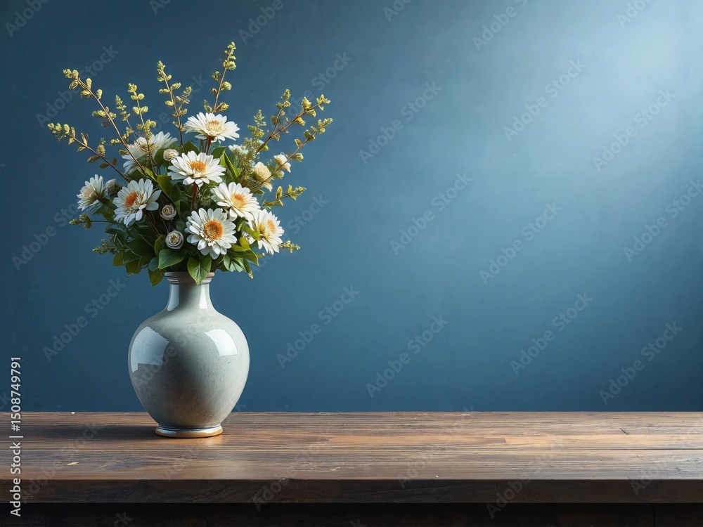 custom made wallpaper toronto digitalVase with White Flowers on Wooden Table Against Blue Background